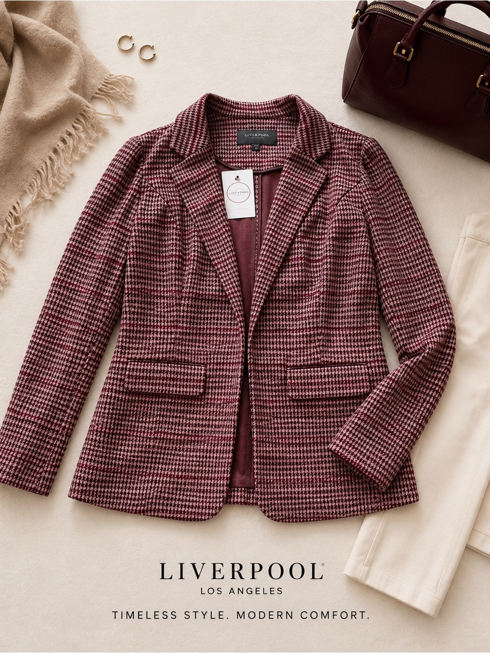 Liverpool Women's Burgundy and Pink Houndstooth Blazer